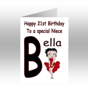 Gepersonaliseerde bedrukte BETTY BOOP ~ A5-wenskaart met rode jurk initiaal ~ Elke gelegenheid, relatie, leeftijd