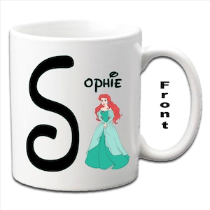 Personalised Initial With PRINCESS ARIEL (The Little Mermaid) Character Printed White Mugs