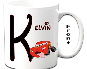 Personalised Initial With LIGHTENING McQUEEN Character Printed White Mugs