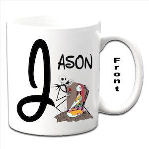 Personalised Initial With JACK SKELLINGTON & SALLY Characters Printed White Mugs