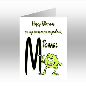 MIKE imprimé personnalisé ~ carte de voeux initiale A5 MONSTERS INC ~ toute occasion, relation, âge