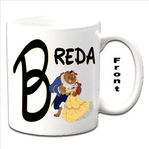 Personalised Initial With Beauty and the Beast Characters Printed White Mugs