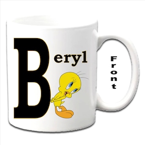 Tazas blancas personalizadas con inicial de PIOLIN, personaje de Looney Tunes