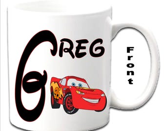 Personalised Initial With LIGHTENING McQUEEN ~ CARS Character Printed White Mugs