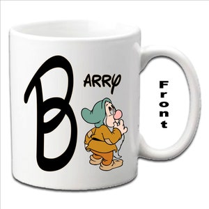 Personalised Initial With BASHFUL ~ SNOW WHITE Character Printed White Mugs