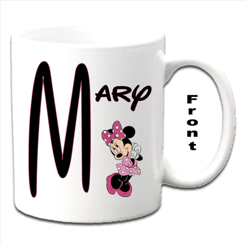 Tazas blancas personalizadas con inicial impresa de MINNIE MOUSE 1