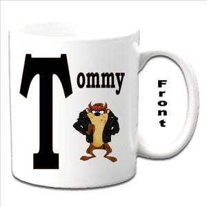 Tazze bianche stampate con iniziale personalizzata con TAZ ~ personaggio Looney Tunes