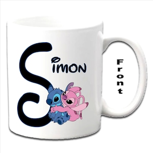 Personalised Initial With Stitch and Angel ~  LILO & STITCH Character Printed White Mugs