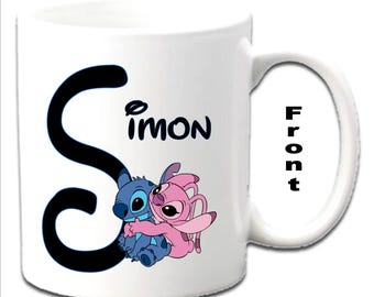 Tazas blancas con inicial personalizada de Stitch y ángel ~ LILO & STITCH