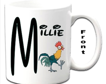 Personalised Initial With HEIHEI ~ MOANA Character Printed White Mugs