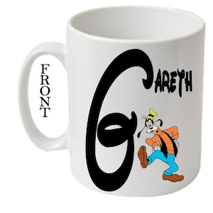 Personalised Initial With GOOFY Character Printed White Mugs