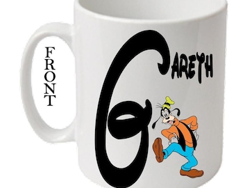 Personalised Initial With GOOFY Character Printed White Mugs