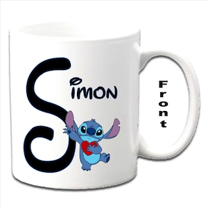 Personalised Initial With Stitch with heart ~  LILO & STITCH Character Printed White Mugs
