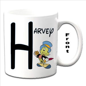 Personalised Initial With Jiminy Cricket ~ PINOCCHIO Character Printed White Mugs