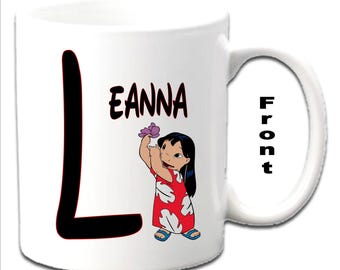 Personalised Initial With Lilo ~  LILO & STITCH Character Printed White Mugs