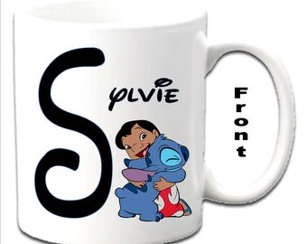 Personalised Initial With LILO & STITCH Character Printed White Mugs
