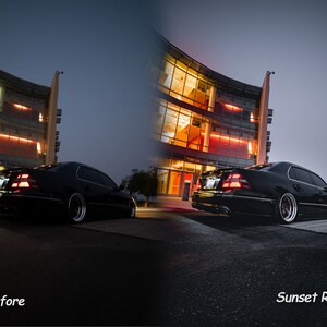 May include: A black Lexus LS430 parked in front of a modern building with large windows. The car is facing away from the camera and the building is lit up with warm yellow lights. The sky is a dark blue with a hint of orange in the distance. The image is split into two sections, with the left side showing the original image and the right side showing the image after a color grading edit. The text "Before" is below the left image and the text "Sunset Run" is below the right image.