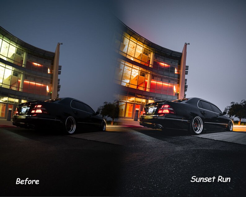 May include: A black Lexus LS430 parked in front of a modern building with large windows. The car is facing away from the camera and the building is lit up with warm yellow lights. The sky is a dark blue with a hint of orange in the distance. The image is split into two sections, with the left side showing the original image and the right side showing the image after a color grading edit. The text "Before" is below the left image and the text "Sunset Run" is below the right image.