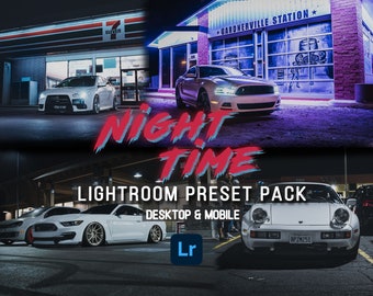 May include: A collection of Lightroom presets for desktop and mobile devices, designed to enhance nighttime photos. The image features three cars in a parking lot at night, with neon lights and a sign that reads "Gardnerville Station".
