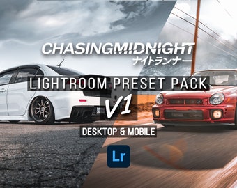 May include: A digital product listing for a Lightroom preset pack called "Chasing Midnight" with a white car on the left and a red car on the right. The text "V1" is in the center of the image. The text "Desktop & Mobile" is below the text "V1". The Lightroom logo is below the text "Desktop & Mobile".