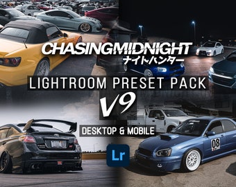 May include: A collage of photos featuring various cars, with the text "CHASING MIDNIGHT ナイトハンター LIGHTROOM PRESET PACK V9 DESKTOP & MOBILE Lr" in the center.