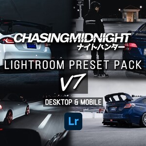 Könnte beinhalten: Eine Collage aus vier Bildern, die modifizierte Autos mit kundenspezifischer Beleuchtung und einem Textüberlagerung zeigen, die "CHASING MIDNIGHT ナイトハンター LIGHTROOM PRESET PACK V7 DESKTOP & MOBILE Lr" lautet.