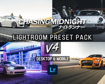 May include: A collage of four images featuring different cars. The top left image shows a white car on a road with mountains in the background. The top right image shows a white Porsche with a black car behind it. The bottom left image shows a white car parked in front of a building with blue neon lights. The bottom right image shows an orange car driving on a road with a blurred background. The text "CHASING MIDNIGHT" is in the center of the image, with the text "LIGHTROOM PRESET PACK" below it. The text "V4" is in the center of the image, with the text "DESKTOP & MOBILE" below it. The text "Lr" is in the center of the image, with the text "ナイトランナー" below it.