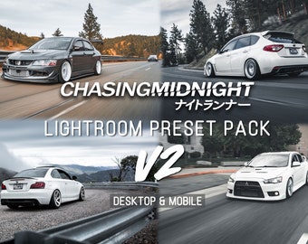 May include: A collage of four images featuring white and gray cars on roads with a background of trees and mountains. The text "CHASING:MIDNIGHT ナイトランナー LIGHTROOM PRESET PACK V2 DESKTOP & MOBILE" is displayed in the center of the collage.