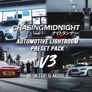 Könnte beinhalten: Eine Collage aus vier Bildern, die modifizierte Autos bei Nacht zeigen. Der Text "CHASINGMIDNIGHT ナイトランナー AUTOMOTIVE LIGHTROOM PRESET PACK V3 DESKTOP & MOBILE" wird in der Mitte des Bildes angezeigt.