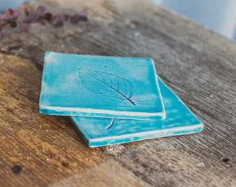 Ceramic Coasters Set of Two with Plant Ornaments, Handmade Sustainable Ceramics, Event Decor, Blue