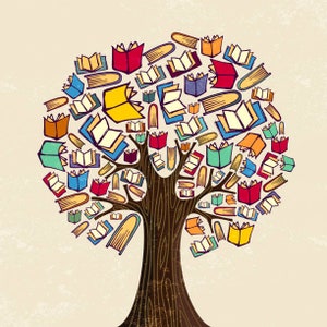 May include: A whimsical illustration of a tree with colorful books as leaves. The tree trunk is brown and the books are in various shades of blue, green, red, yellow, and orange.