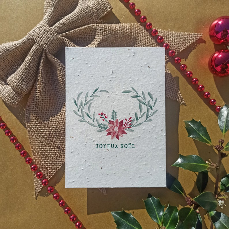 CARTE de NOEL à planter en papier ensemencé avec ENVELOPPE collection aquarelle couronne de végétaux A6 140g/m2 image 1