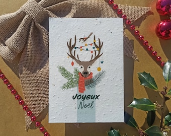 CARTE de NOEL à planter en papier ensemencé avec ENVELOPPE collection 2022 faune animaux de la foret renne A6 140g/m2