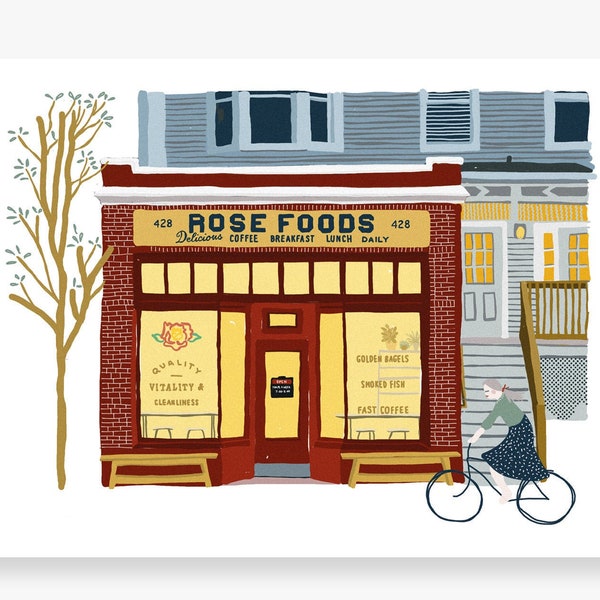 Affiche, Façade de café, Rosefoods, Boutique, Portland Maine, Bagels, Vélo, Art Mural, Affiche, Poster, Print, Leo Bizard