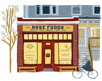 Affiche, Façade de café, Rosefoods, Boutique, Portland Maine, Bagels, Vélo, Art Mural, Affiche, Poster, Print, Leo Bizard