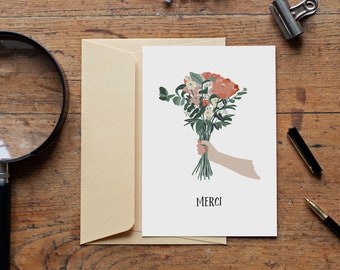 Postcard Merci, Bouquet of flowers, Eucalyptus, Love note, Stationery, Leo Bizard