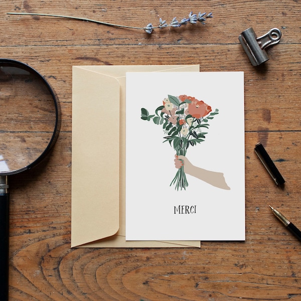 Carte postale Merci, Bouquet de fleurs, Eucalyptus, Love note, Papeterie, Leo Bizard