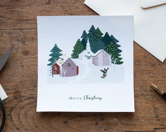 Greeting card, Christmas, Merry Christmas, winter landscape, sledding, nostalgic stationery, Leo Bizard