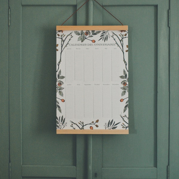 Colorful birthday calendar, perpetual calendar, Poster, large poster, Botanical, Léo Bizard