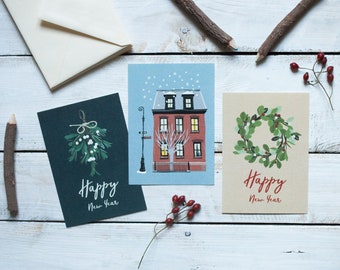 Set of 3 Greeting Cards, Happy New Year Cards, New Year, Christmas, Mistletoe Wreath, Mistletoe Bouquet, Stationery, Leo Bizard