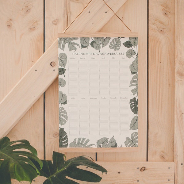 Birthday calendar, perpetual calendar, Poster, large poster, MONSTERA, Tropical jungle, Léo Bizard