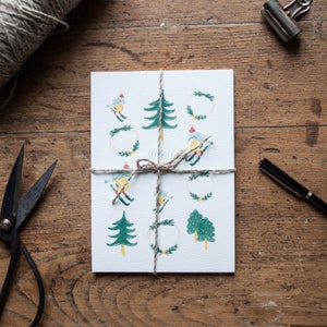 Tarjeta de felicitación, Feliz Navidad, vacaciones de fin de año, acuarela, invierno, esquiador, papelería retro, Leo Bizard