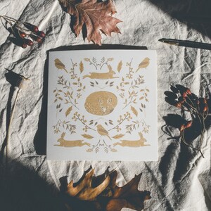 Carte postale Folk, Automne Hiver, Renard, Lièvre, Feuillage, Papeterie, Léo Bizard
