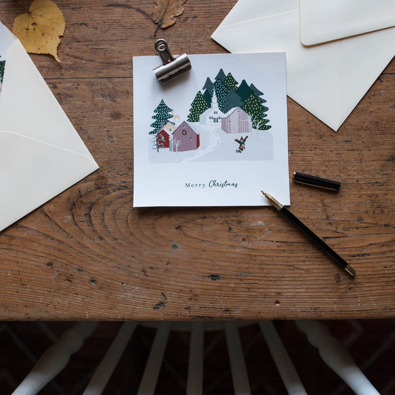 Greeting card, Christmas, Merry Christmas, winter landscape, sledding, nostalgic stationery, Leo Bizard image 3