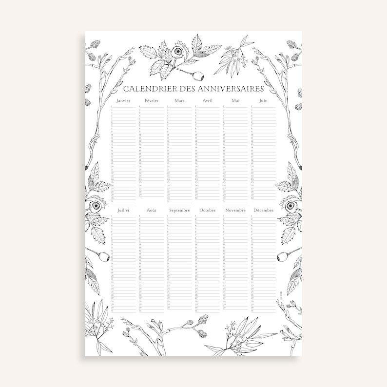 Birthday calendar, perpetual calendar, Poster, large poster, Botany, Léo Bizard image 3