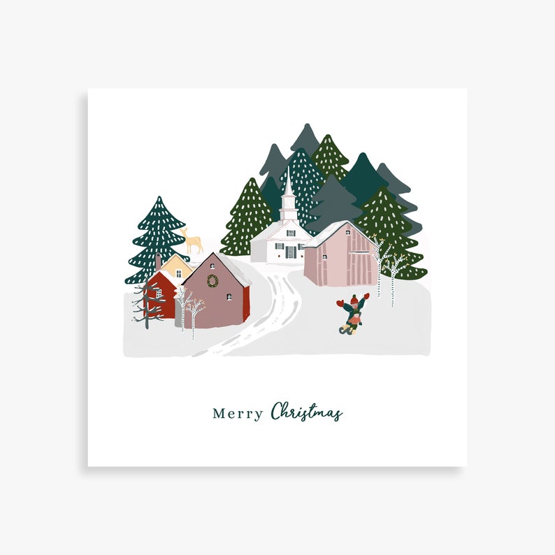 Greeting card, Christmas, Merry Christmas, winter landscape, sledding, nostalgic stationery, Leo Bizard image 5