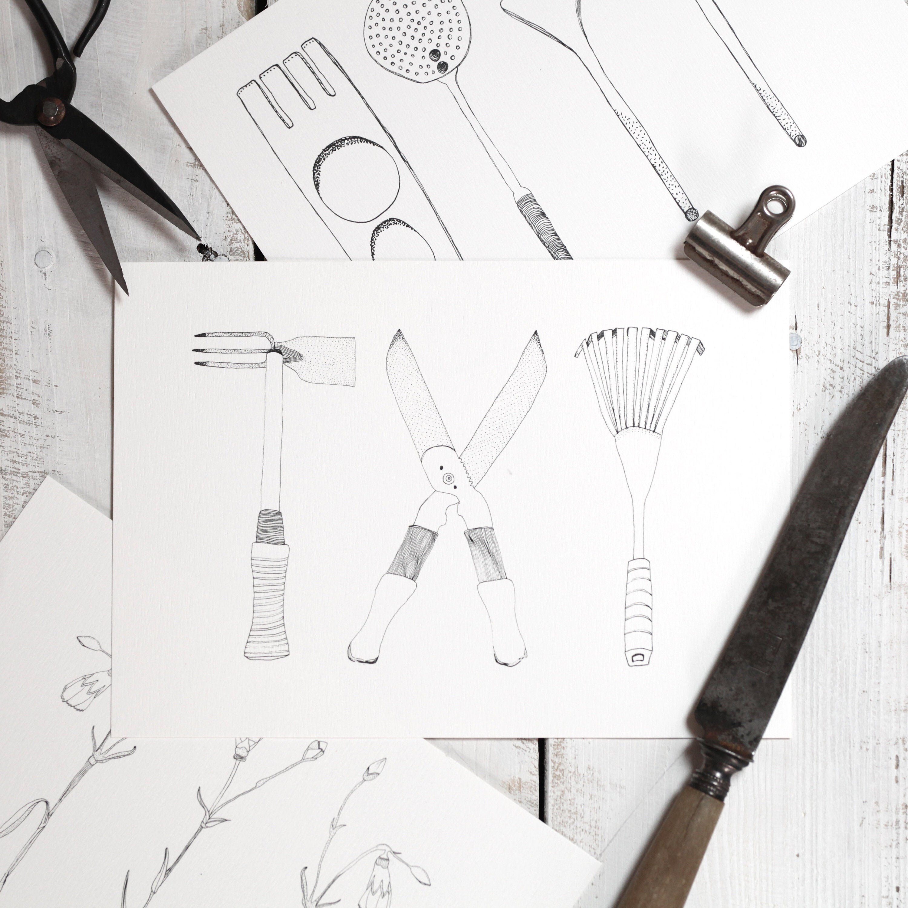 Outils de Jardin, Illustration Graphique Minimaliste, Noir et Blanc, Art Mural, Affiche, Carte, Natu