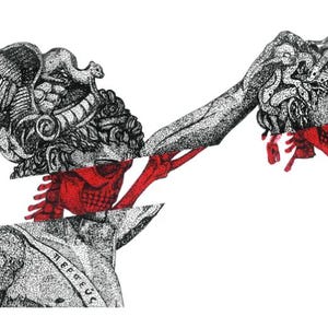May include: A black and white stippled illustration of a figure wearing a winged helmet with a small animal on top, holding a severed head with snakes for hair. Both figures have red skeletal neck details and red masks. The text ΠΕΡΣΕΥΣ is on the chest.