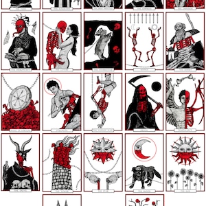 May include: A set of 22 tarot cards with black and white illustrations of skeletons, skulls, and other imagery. The cards are bordered in red and have the names of the cards written in black at the bottom.