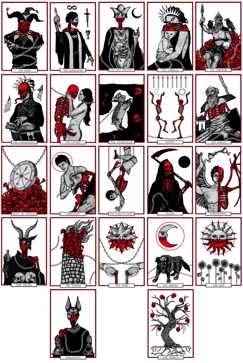 May include: A set of 22 tarot cards with black and white illustrations of skeletons, skulls, and other imagery. The cards are bordered in red and have the names of the cards written in black at the bottom.